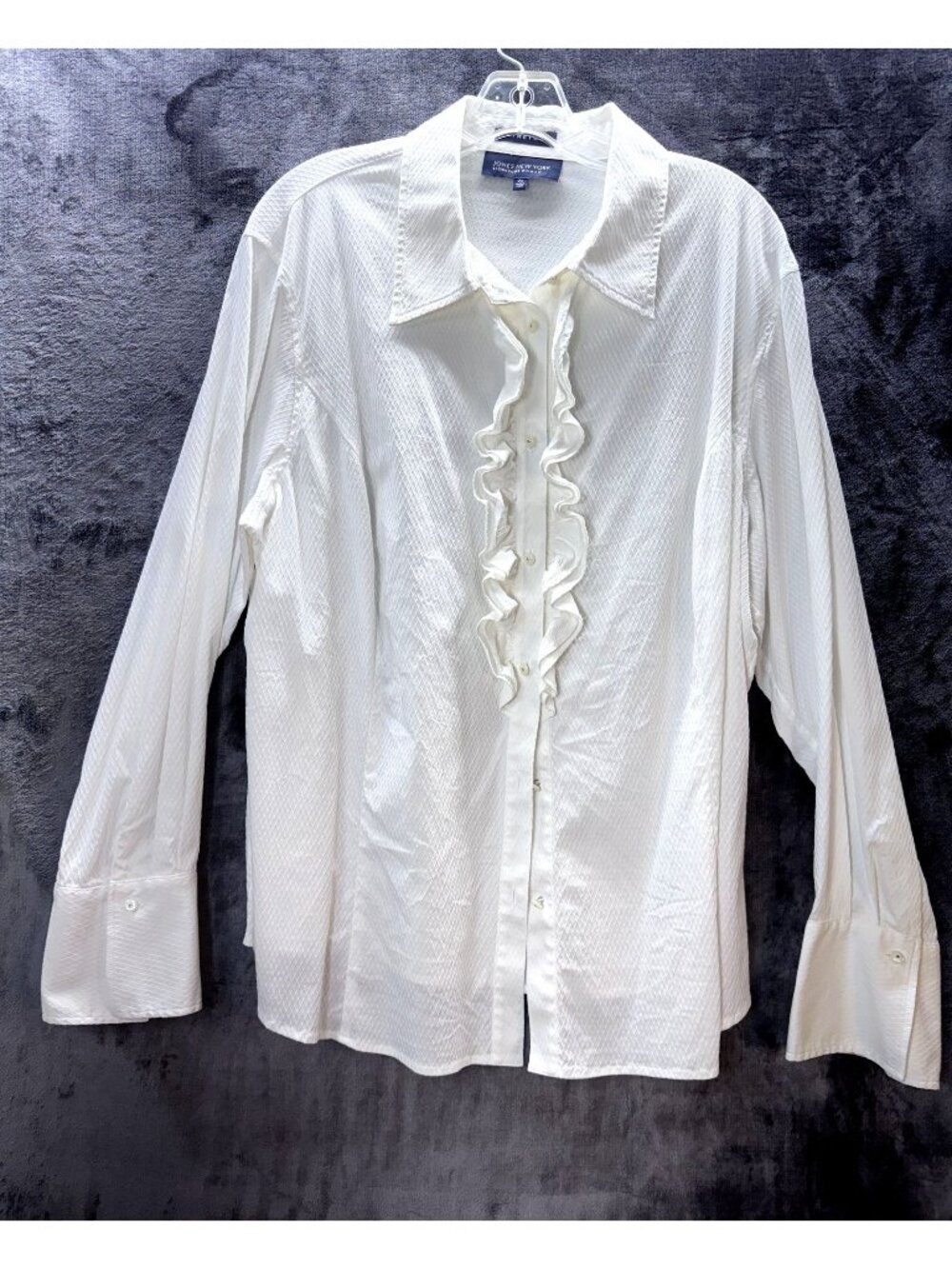 Jones New York 2X Off White Ruffle Front Stretch Blouse Textured Career Top